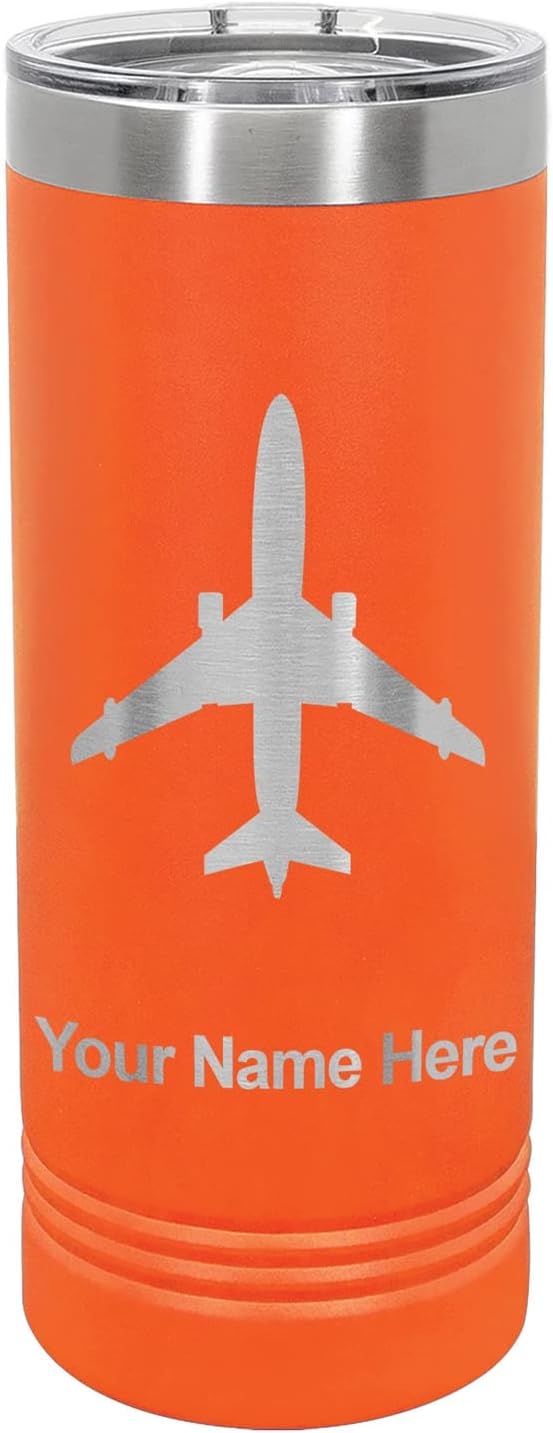 LaserGram 22oz Vacuum Insulated Skinny Tumbler, Jet Airplane, Personalized Engraving Included (Orange)