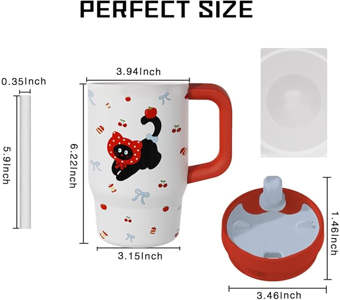 ZZT Cute 27 OZ Ceramic Coated Interior Tumbler with Handle and Straw,Leak Proof,Easy To Clean,Direct drinking/Straw Sippy Cup, Insulated Travel Mug,Gifts for School,Work,Home (Black Cat)