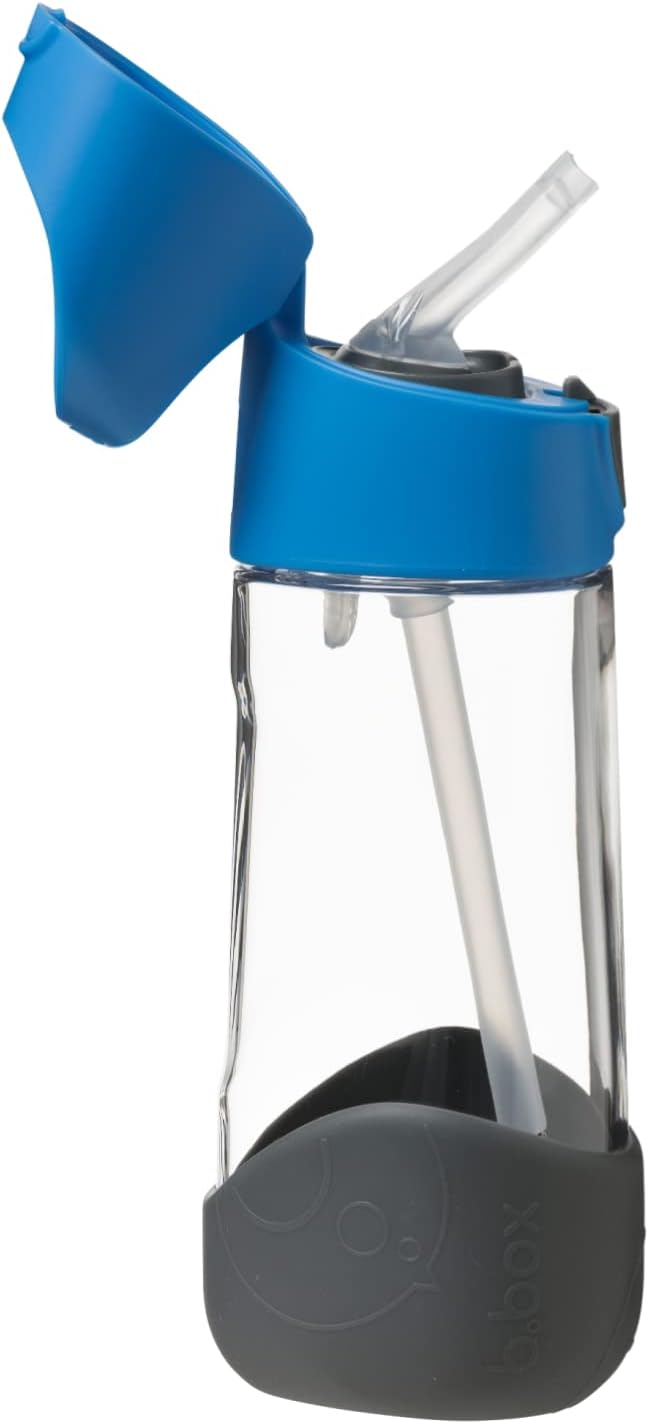 b.box 15oz Tritan Kids Water Bottle – Toddler Drink Bottle with Straw for School, Daycare, Travel w/Easy-Grip Triangular Design, Leak Proof Lid & Handle, BPA Free, Dishwasher Safe (Blue Slate)