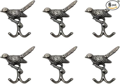 6 pcs Antique Silver Bird Decorative Wall Hooks by DIYDecorHub