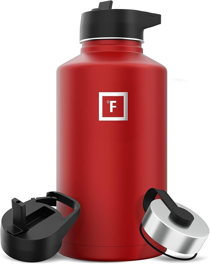 IRON °FLASK Camping & Hiking Hydration Flask with Straw, Wide Mouth Insulated Stainless Steel Sports Water Bottle - 64 oz Fire Red