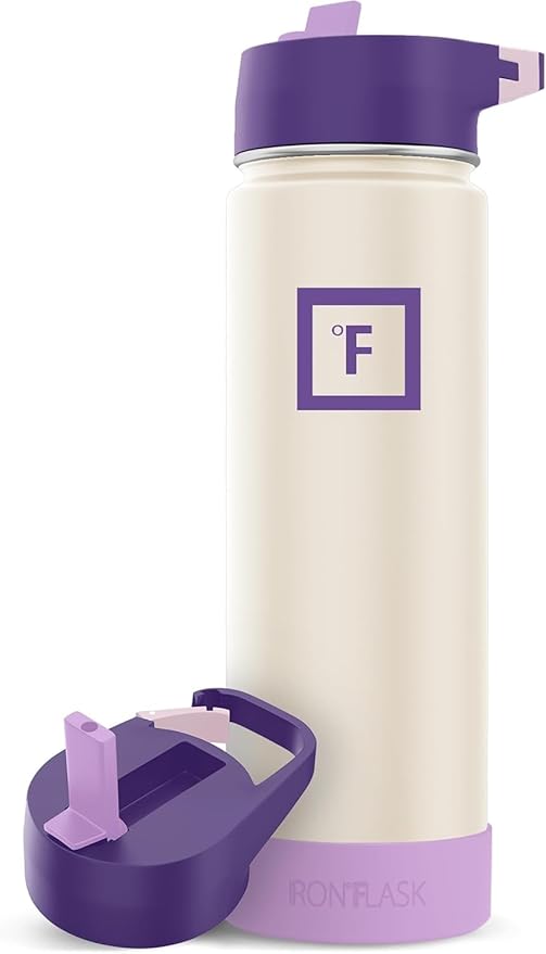 IRON °FLASK Camping & Hiking Hydration Flask with Straw, Wide Mouth Insulated Stainless Steel Sports Water Bottle - 22 oz Cream & Berries