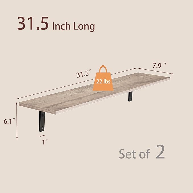 DINZI LVJ Long Wall Shelves, 31.5 Inch Wall Mounted Shelves Set of 2, - Image 3