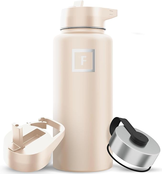 IRON °FLASK Camping & Hiking Hydration Flask with Straw, Wide Mouth Insulated Stainless Steel Sports Water Bottle - 32 oz Sand