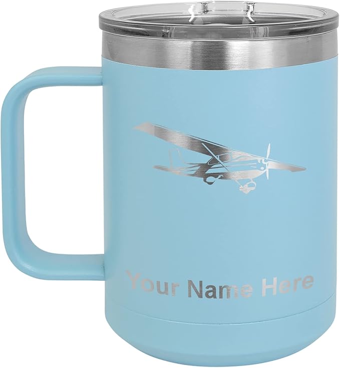 LaserGram 15oz Vacuum Insulated Coffee Mug, High Wing Airplane, Personalized Engraving Included (Light Blue)