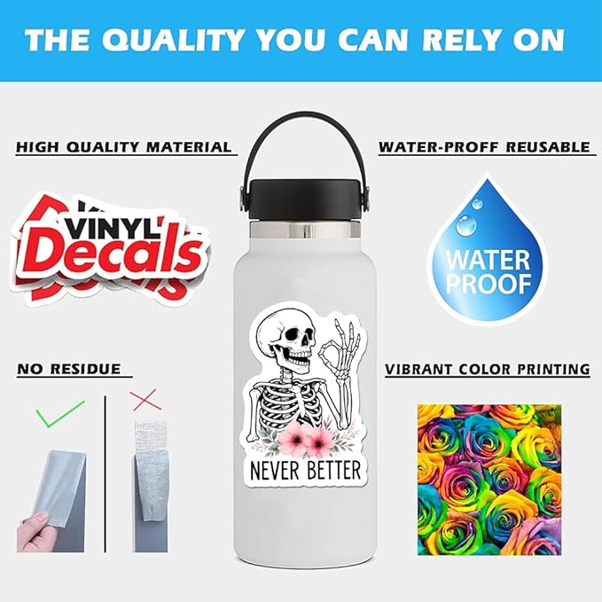 Never Better Skeleton Sticker 3Pcs Sarcastic Funny Skeleton Dead, Mental Health Sticker Vinyl Waterproof Decals for Notebook, Tumbler, Laptop and Water Bottle (Funny Skeleton Stickers)