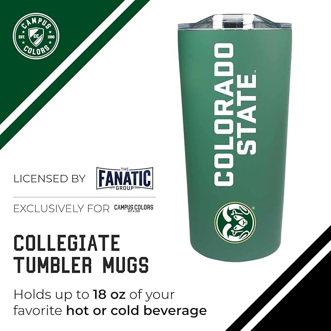 Campus Colors NCAA Stainless Steel Tumbler perfect for Gameday - 18 oz - Double Walled - Keeps Drinks Perfectly Insulated (Colorado State Rams - Green)