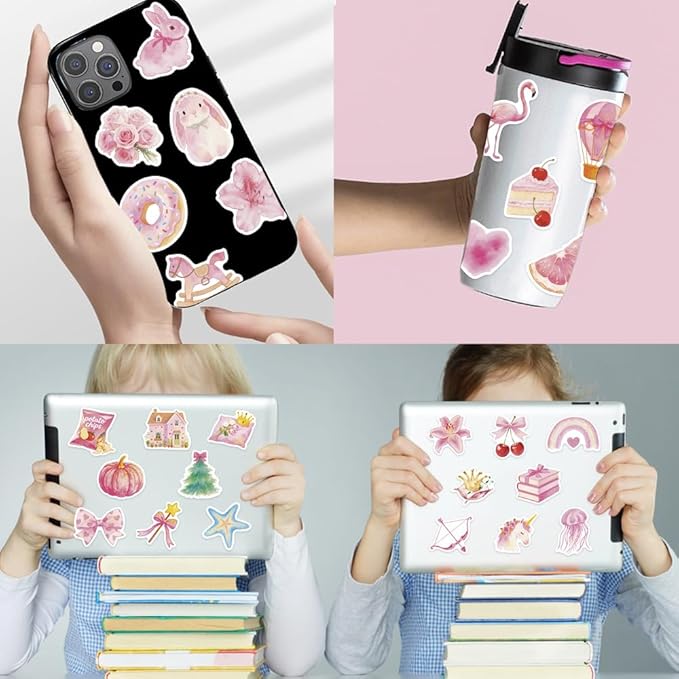 100 PCS Girl's Pink Aesthetic Stickers, Waterproof Vinyl Stickers for Water Bottles,Laptop Scrapbook Journaling Decorative Decals for Kids Teens Woman Adults