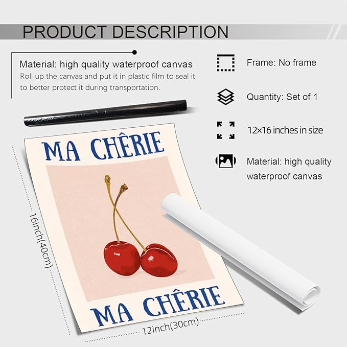 jkahh Funky Cherry Wall Art Vintage Red Blue Aesthetic Poster Trendy Ma Cherie - Image 2