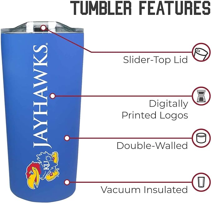 Campus Colors NCAA Stainless Steel Tumbler perfect for Gameday - 18 oz - Double Walled - Keeps Drinks Perfectly Insulated (Kansas Jayhawks - Royal)