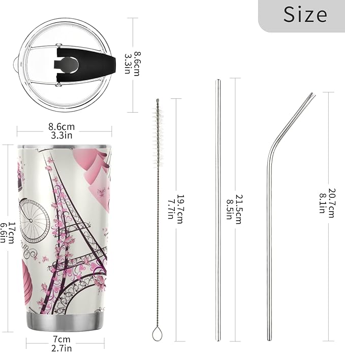 xigua 20oz Tumbler with Lid and Straw, Stainless Steel Vacuum Insulated Water Coffee Tumbler Cup, Paris Eiffel Tower Flower Travel Mug Thermal Cup for Hot and Cold Drinks