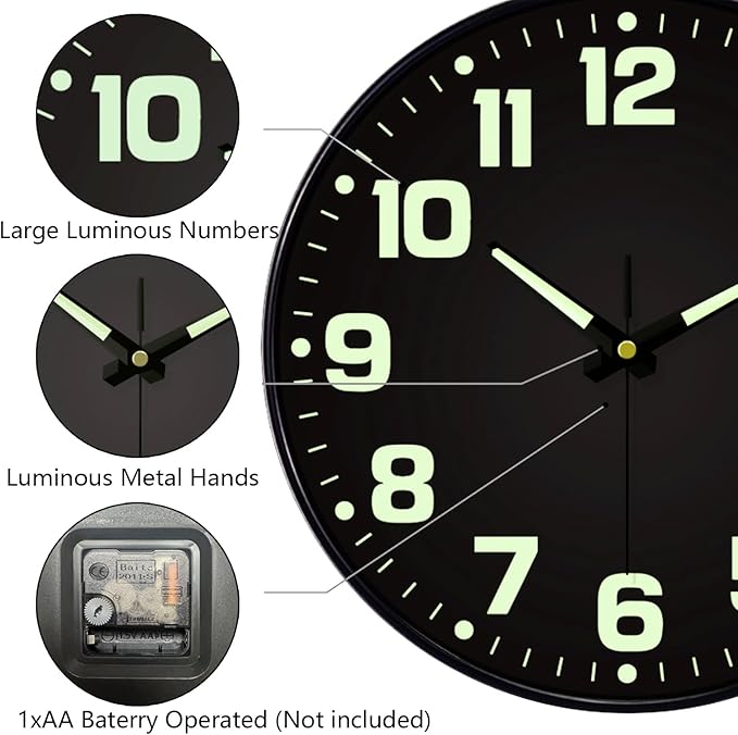 Glow in The Dark Wall Clock, Large Easy Read Numbers Tempered Glass Night Light - Image 8