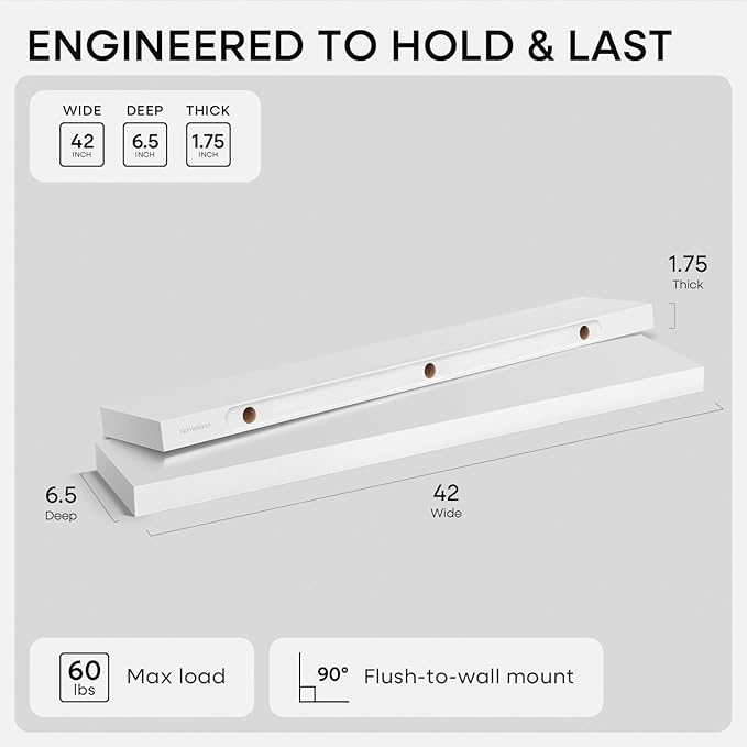 Homeforia White Floating Shelves 42 inch, High End Solid Real Wood 42inch - Image 2