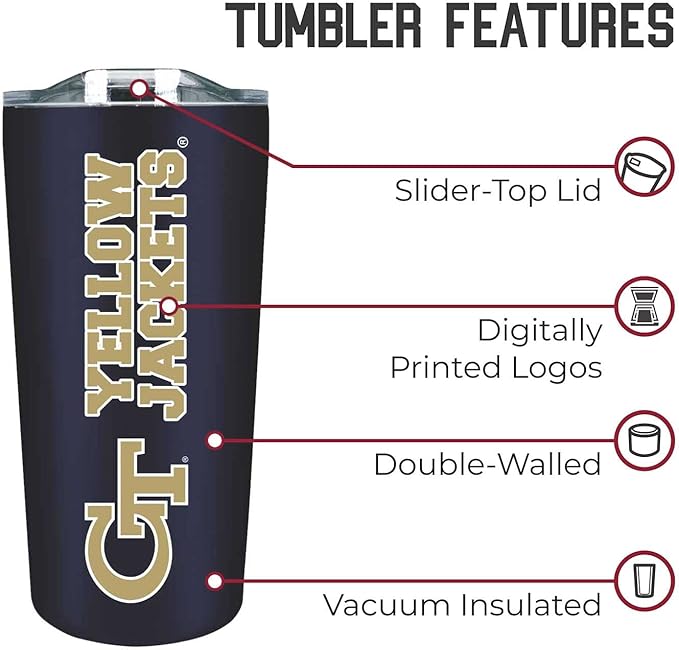 Campus Colors NCAA Stainless Steel Tumbler perfect for Gameday - 18 oz - Double Walled - Keeps Drinks Perfectly Insulated (Georgia Tech Yellowjackets - Navy)