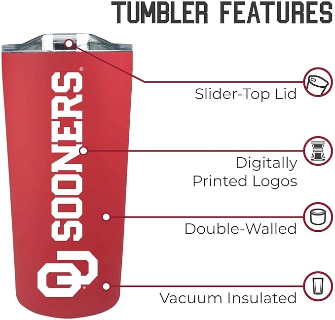 Campus Colors NCAA Stainless Steel Tumbler perfect for Gameday - 18 oz - Double Walled - Keeps Drinks Perfectly Insulated (Oklahoma Sooners - Crimson)