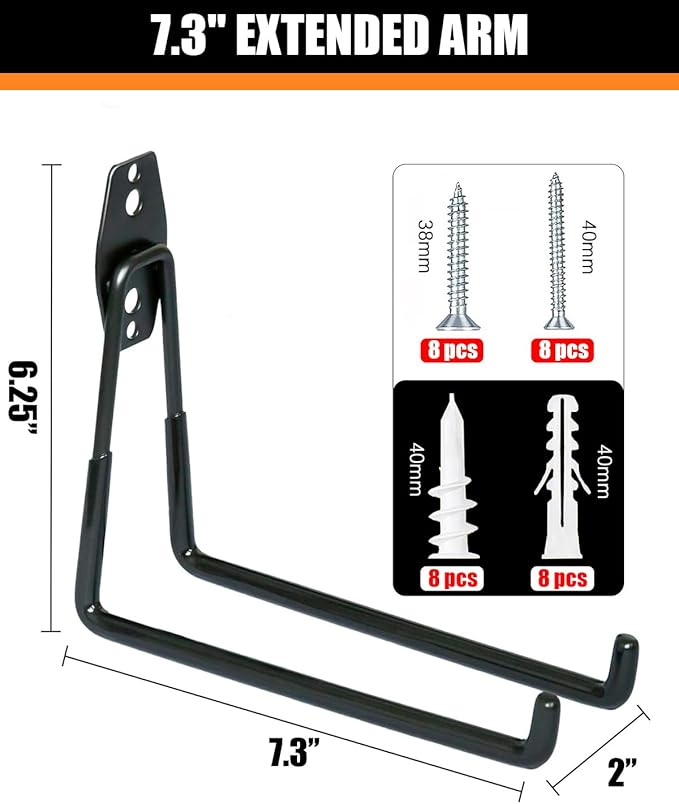 WMK 7.3'' Garage Hooks Heavy Duty 4 Pack, Wall Mount Utility Hooks - Image 2