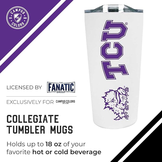 Campus Colors NCAA Stainless Steel Tumbler perfect for Gameday - 18 oz - Double Walled - Keeps Drinks Perfectly Insulated (TCU Horned Frogs - White)