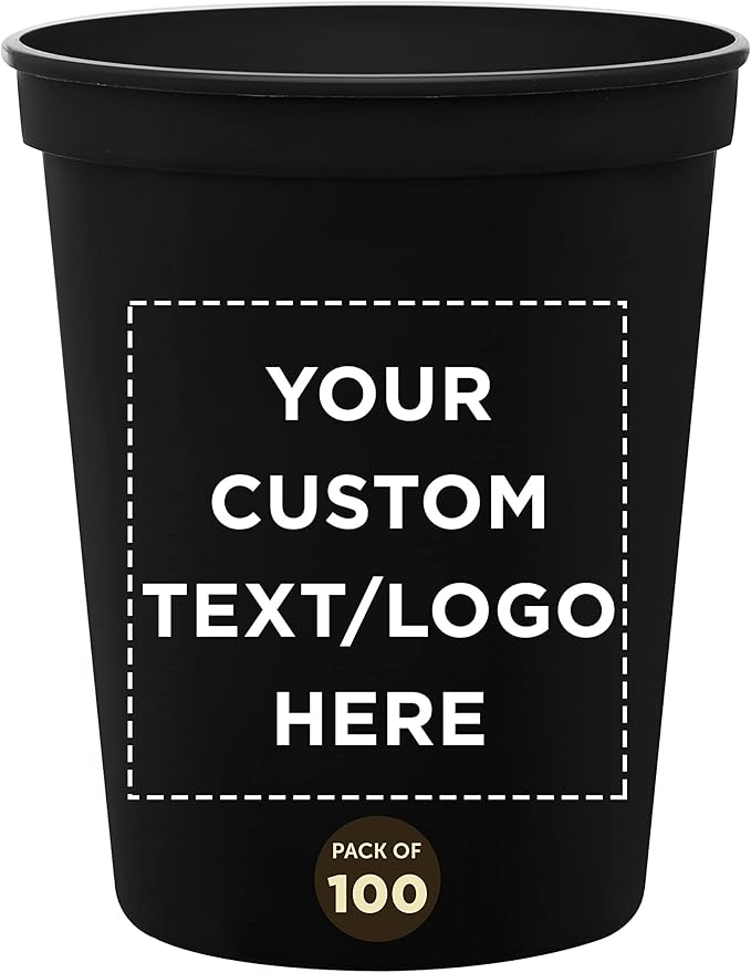 DISCOUNT PROMOS Custom Plastic Stadium Cups 16 oz. Set of 100, Personalized Bulk Pack - Perfect for Birthdays, Weddings, Picnic, Beach, Parties - Black