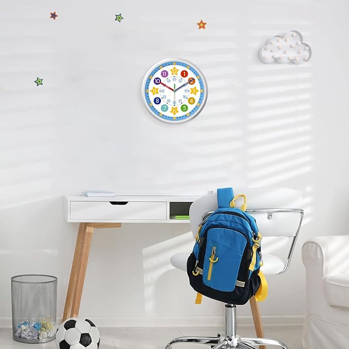 XFM Blue Kids Wall Clock for Boys Bedroom 10 Inch Silent Colorful Teaching Time - Image 4