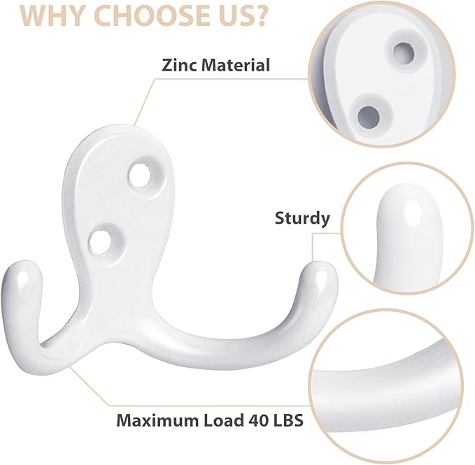 Homanu 10 Pack Coat Hooks, Heavy Duty Double Prong Coat Hooks Wall Mounted - Image 4