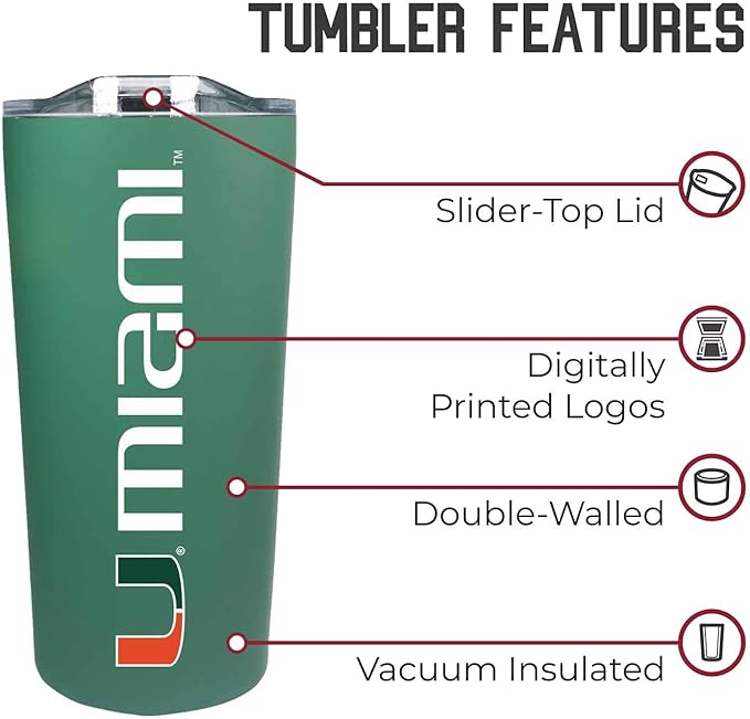 Campus Colors College Stainless Steel, Double Walled, Vacuum Insulated, Reusable Collegiate Tumbler with Slider-Top Lid for Travel, Sports, and Coffee, 18 oz (Miami Hurricanes - Green)