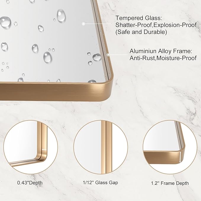 LOAAO 20”X30” Gold Bathroom Mirror, Rounded Rectangle Gold Frame Mirror - Image 5