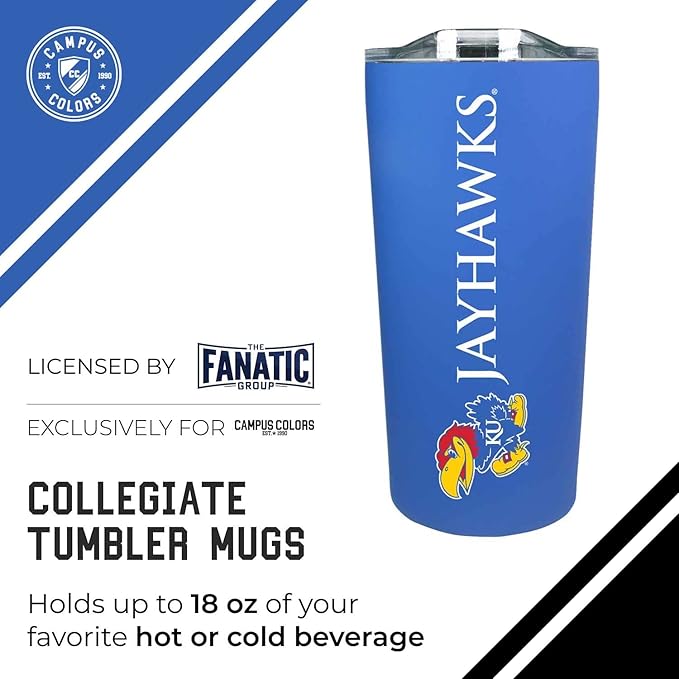 Campus Colors NCAA Stainless Steel Tumbler perfect for Gameday - 18 oz - Double Walled - Keeps Drinks Perfectly Insulated (Kansas Jayhawks - Royal)