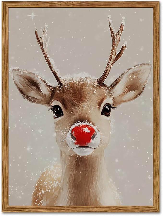 Framed Christmas Wall Art, Vintage Red Nose Reindeer Canvas Wall Decor Paintings by Unknown