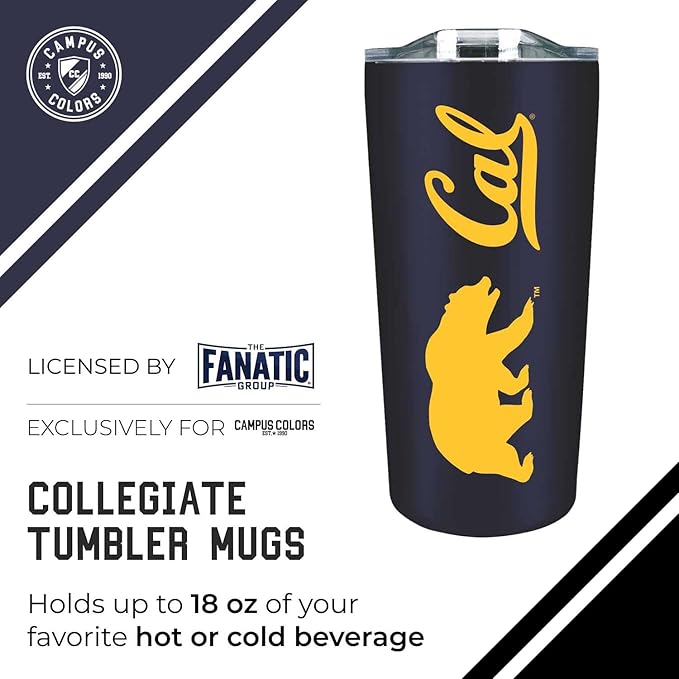Campus Colors NCAA Stainless Steel Tumbler perfect for Gameday - 18 oz - Double Walled - Keeps Drinks Perfectly Insulated (Cal Golden Bears - Navy)