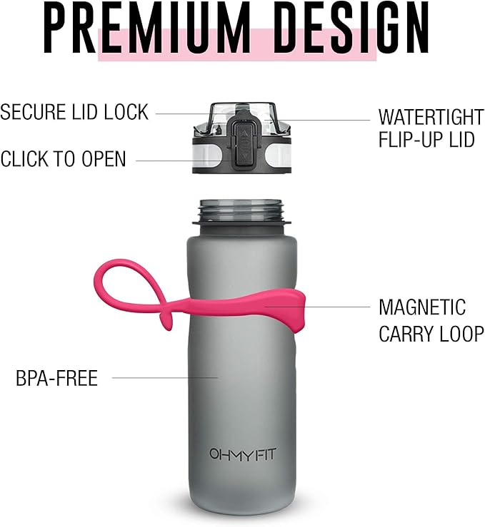 Tritan Sports Water Bottle with Magnetic Silicone Carry Strap & One Click Open Cap - Magnetic Drink Holder for Metal Equipment - Bottle w/Straps for Backpack, Belt & More (18oz, Fuschia)