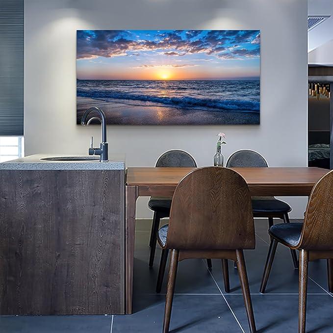 Wapluam Beach Wall Art Blue Sea Coastal Sunset Natural Scenery Picture Print On - Image 3