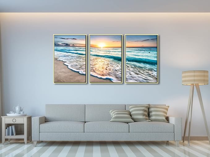 Wieco Art Framed Wall Art 3 Panels Blue Beach Canvas Art - Image 5