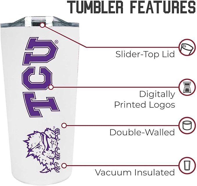 Campus Colors NCAA Stainless Steel Tumbler perfect for Gameday - 18 oz - Double Walled - Keeps Drinks Perfectly Insulated (TCU Horned Frogs - White)
