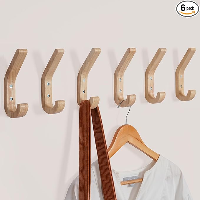 Wooden Coat Hooks for Wall, 6 Pack Wall Mounted Natural Wood Hooks, Modern by CRSWHA