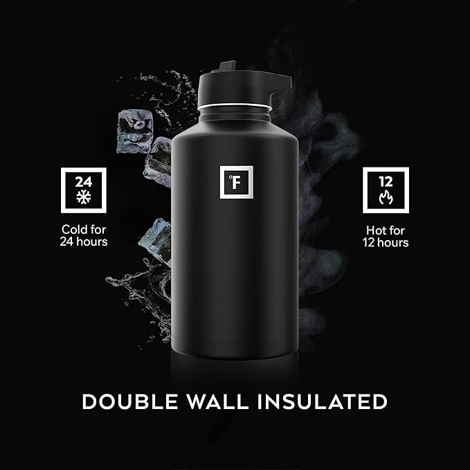 IRON °FLASK Camping & Hiking Hydration Flask with Straw, Wide Mouth Insulated Stainless Steel Sports Water Bottle - 64 oz Fire Red
