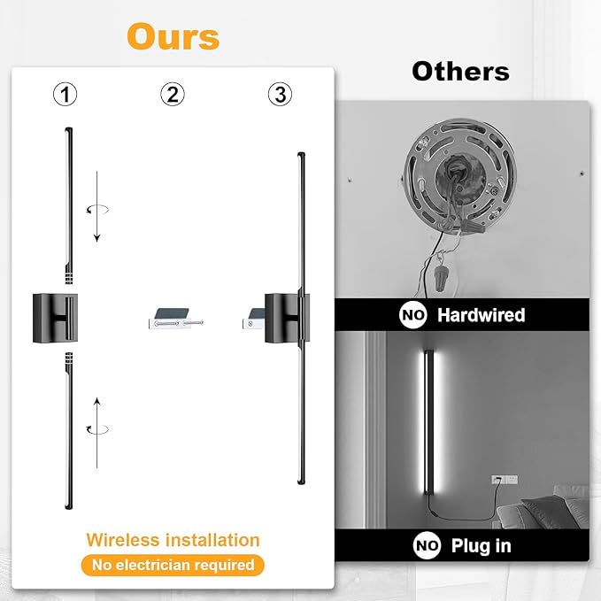 Battery Operated Wall Sconce, 3000K-6000K Dimmable Black Wall Lights - Image 3