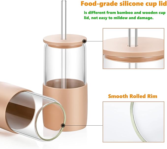 Sunseeke Glass Tumbler with Straw and Lid, 16oz Ice Coffee Cup, Silicone Sleeve Cleaning Brushes, Drinking Glasses for Water, Iced Coffee, Smoothie - BPA Free (Sandy Beige)