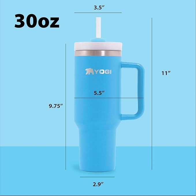 YOGI Ceramic Lined Tumbler with Handle and Straw Lid, Stainless Steel Travel Mug & Water Tumbler, Vacuum Sealed Cup with Handle - 30oz Mystic Slate