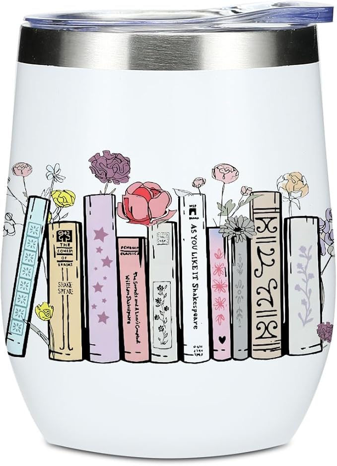 Wine Tumbler, 12 oz Coffee Mug Travel Insulated Cup Vacuum Wine Glass with Lid, Book Lovers Gifts Birthday Christmas Anniversary Reading Book Accessories Bookish Librarian Gifts for Women Wife