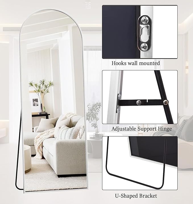 Rowjut Floor Mirror Arched Full Length Mirrors, Living Room, Aluminum Frame - Image 4