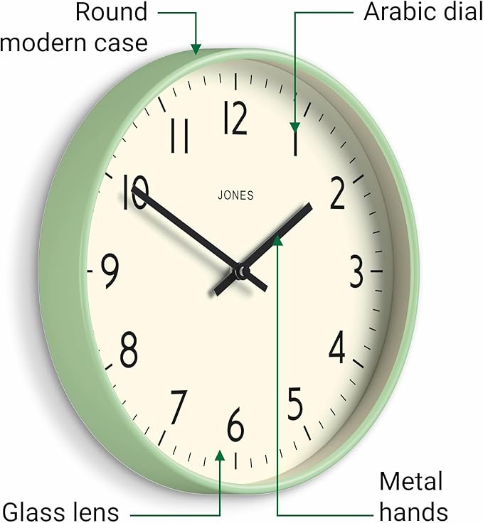 JONES CLOCKS® Studio wall Clock | Modern Round Style | 12 inch | Neo Mint Green - Image 6