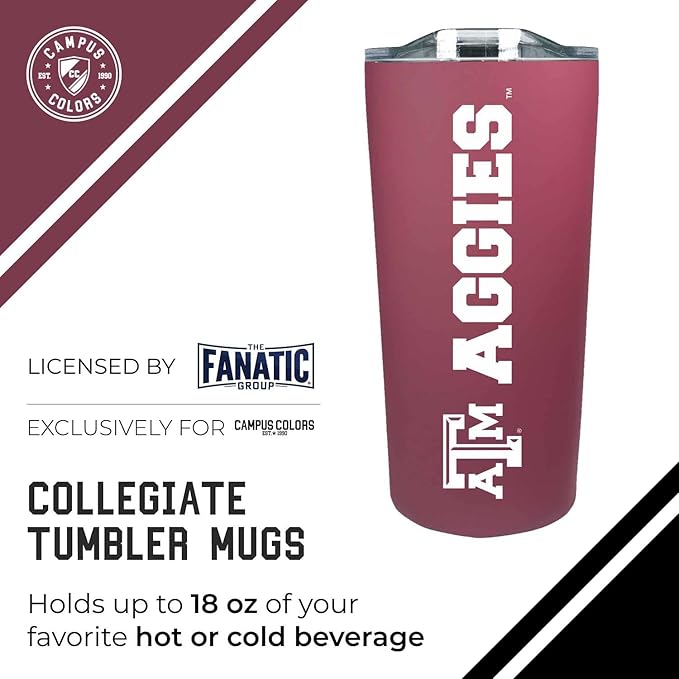 Campus Colors NCAA Stainless Steel Tumbler perfect for Gameday - 18 oz - Double Walled - Keeps Drinks Perfectly Insulated (Texas A&M Aggies - Maroon)