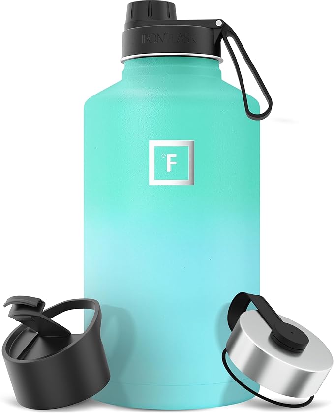 IRON °FLASK Camping & Hiking Hydration Flask with Spout, Wide Mouth Insulated Stainless Steel Sports Water Bottle - 64 oz Sky