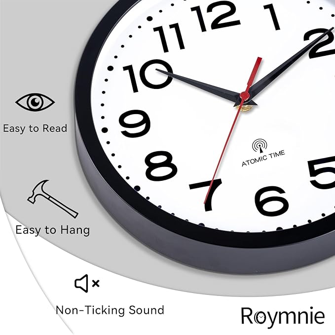 Roymnie Atomic Wall Clock 10 Inch, Modern Clock Battery Operated Classic Analog - Image 9