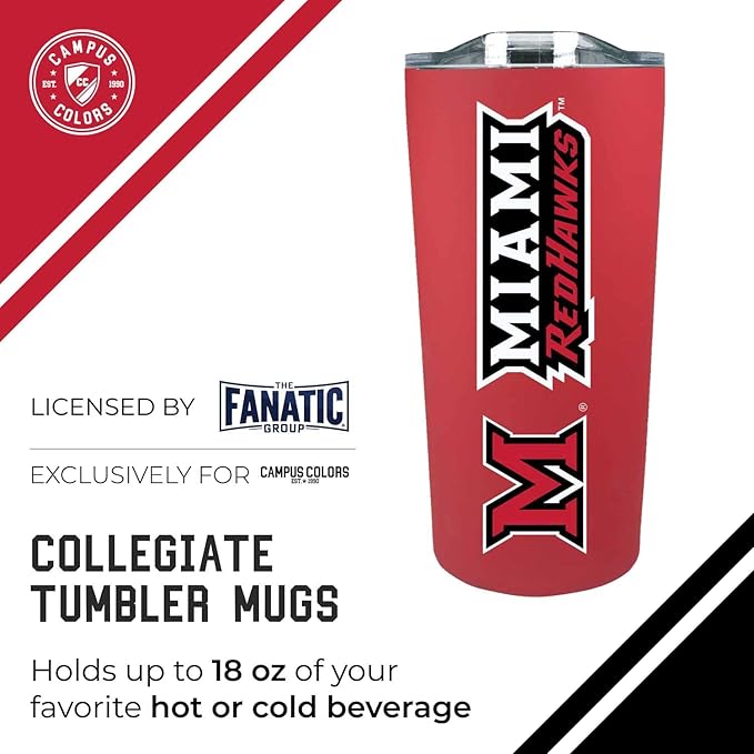 Campus Colors NCAA Stainless Steel Tumbler perfect for Gameday - 18 oz - Double Walled - Keeps Drinks Perfectly Insulated (Miami Redhawks - Red)