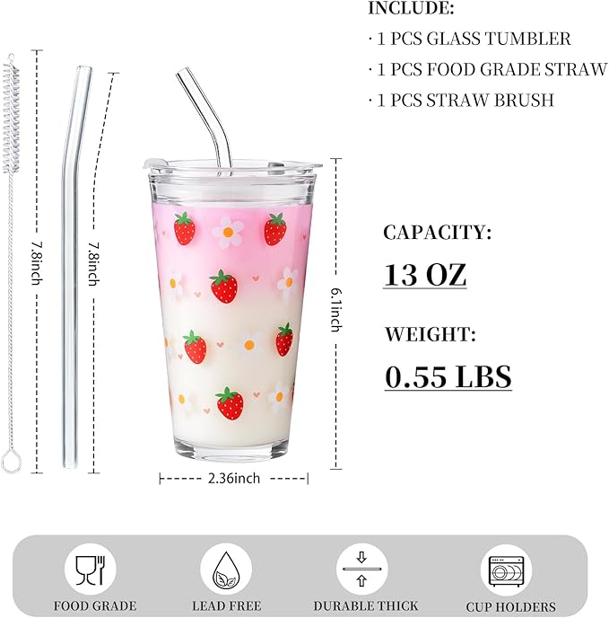 15oz Glass Tumbler with Glass Straw and Lid, Cute Iced Coffee Cups, Aesthetic Glass Cups, Coffee Tumbler, Water Cup, Matcha Cup, Drinking Glasses (Strawberry)
