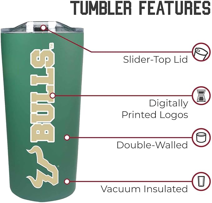 Campus Colors NCAA Stainless Steel Tumbler perfect for Gameday - 18 oz - Double Walled - Keeps Drinks Perfectly Insulated (USF Bulls - Green)
