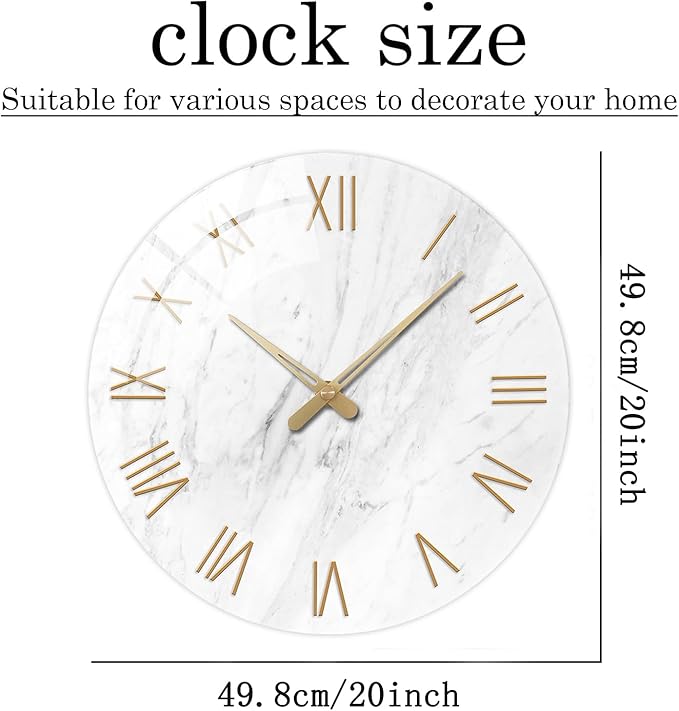 Large White Marble Wall Clocks Battery Operated 20 Inch Modern Analog Glass - Image 2