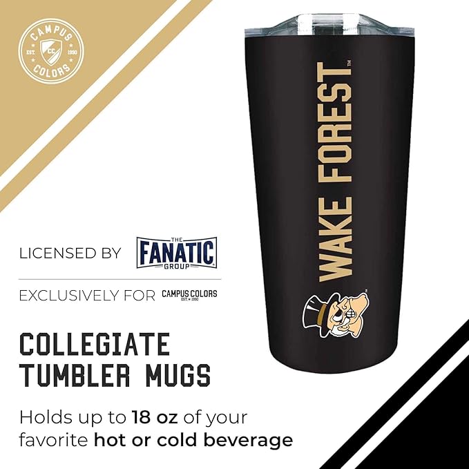 Campus Colors NCAA Stainless Steel Tumbler perfect for Gameday - 18 oz - Double Walled - Keeps Drinks Perfectly Insulated (Wake Forest Demon Deacons - Black)