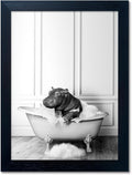 Black and White Bathroom Wall Decor Funny Hippo in Bathtub Wall Art Framed by Melpa+Art